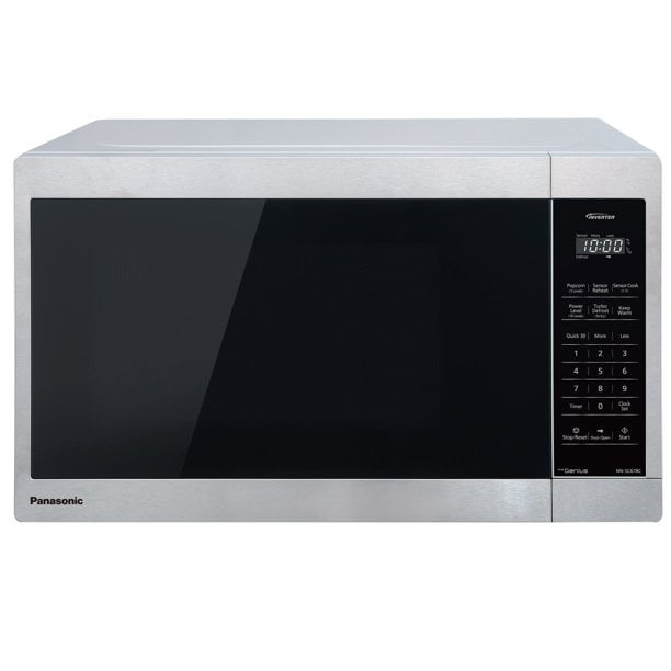 Panasonic 1.3 cu.ft. Inverter Genius Microwave in stainless steel with a smoked glass door. A countertop microwave featuring touch controls, 1,200 W cooking power, Inverter technology for even cooking, Genius sensor cooking, turbo defrost, popcorn sensor, and child lock.