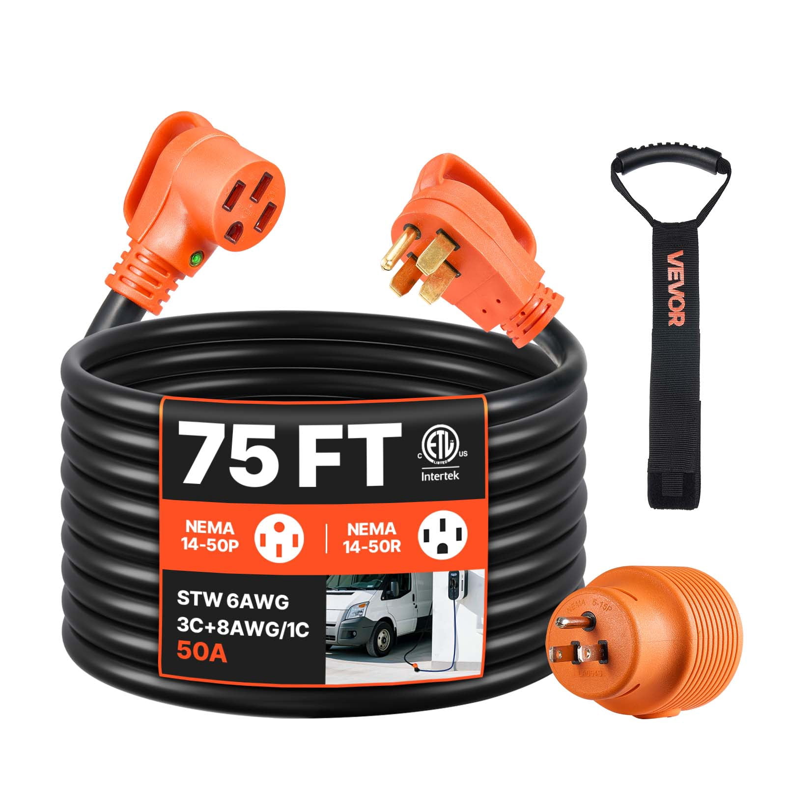 VEVOR 75 FT 50A RV Extension Cord STW 6/3 + 8/1 Gauge Wire NEMA 14-50P NEMA 14-50R ETL