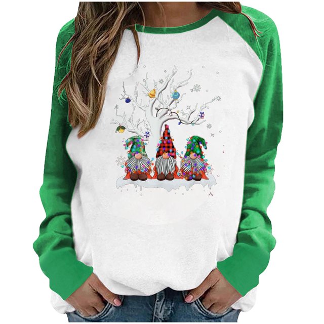 RKSTN Chandail pour Femmes de Noël à Col Rond, Chandail Imprimé du Père Noël, Manches Longues, Blouse Régulière à Empiècements