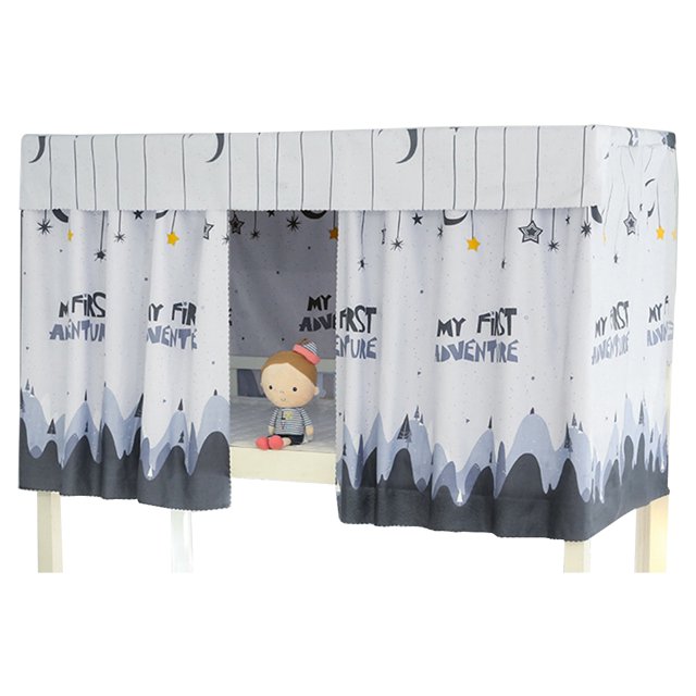 Coofit Bunk Bed Curtain Set Dustproof Single Sleeper Bed Canopy in Black. The image shows a polyester bed canopy with a 'My First Adventure' design featuring stars, moons, and mountain patterns in grey, black, and white tones. The set includes three curtain sheets and a dustproof roof cover, suitable for dormitory bunk beds or home use. Dimensions: curtain length 1.35m (4.43ft), roof cover 2m x 1.15m (6.56ft x 3.77ft).