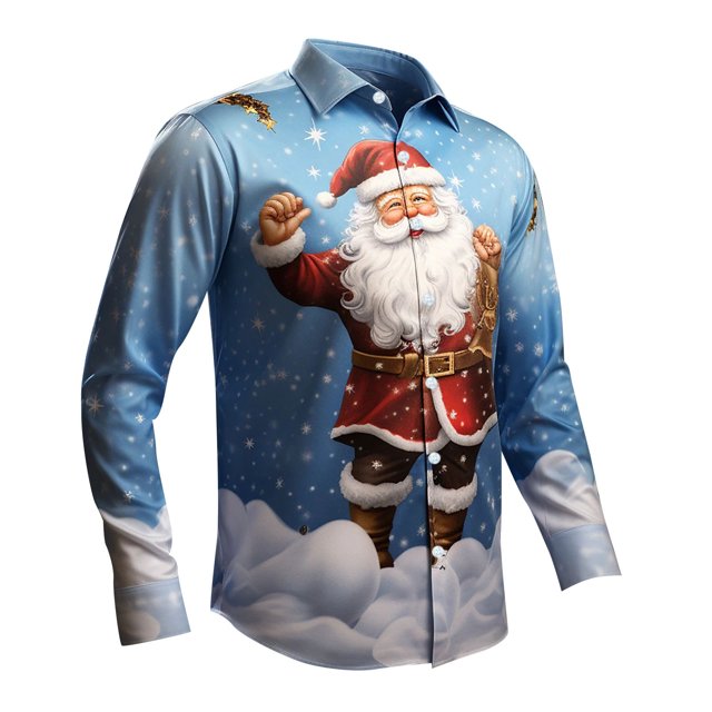Kcodviy Chemise pour Homme de Noël Père Noël Numérique à Manches Longues Boutonnée Chemise Habillée à Col à Revers Imprimée 3D Chemise à Manches Longues Haut
