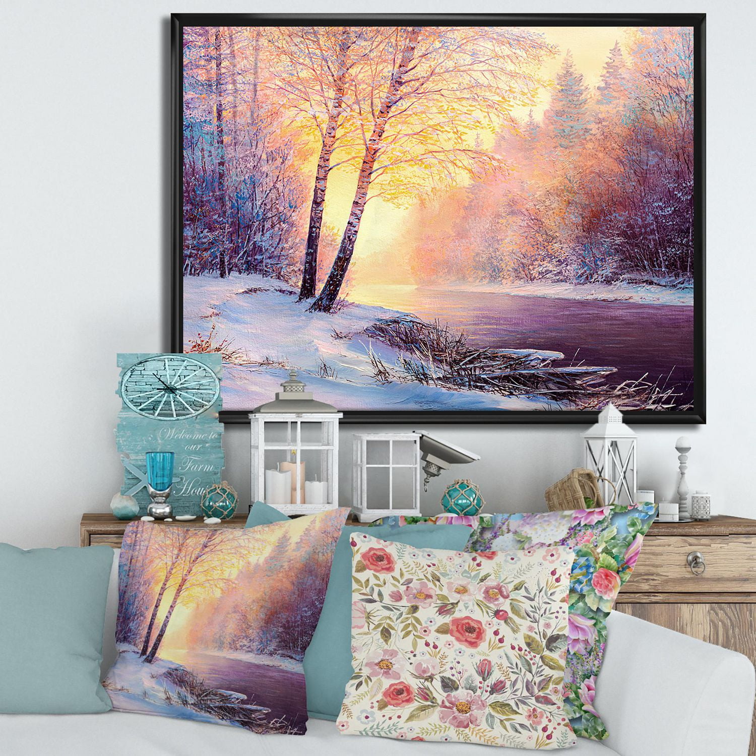 Designart Paysage d'hiver avec pont de la rivière sinueuse II ART MURAL À CADRE FLOTTÉ