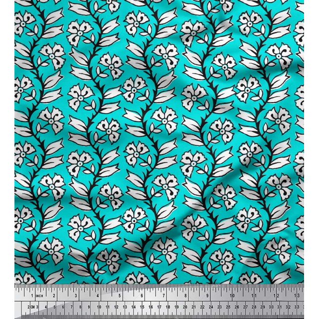 Soimoi Poly Georgette Fabric Leaves & Floral Block Printed Fabric 1 Yard 42 Inch Wide