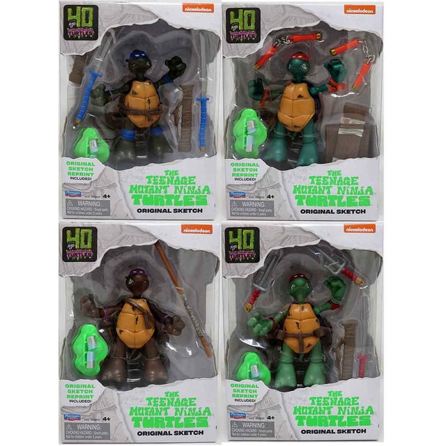 Teenage Mutant Ninja Turtles 5 Inch Action Figure Original Sketch - Set of 4 by Playmates. This set includes four individually packaged action figures representing Leonardo, Michelangelo, Donatello, and Raphael, each with their signature weapons and accessories. The figures are part of the Original Sketch series, featuring a unique design inspired by the classic Teenage Mutant Ninja Turtles artwork. Each figure is displayed in its own packaging with a 40th-anniversary logo and includes an original sketch reprint. Suitable for ages 4 and up, with a safety warning for small parts.