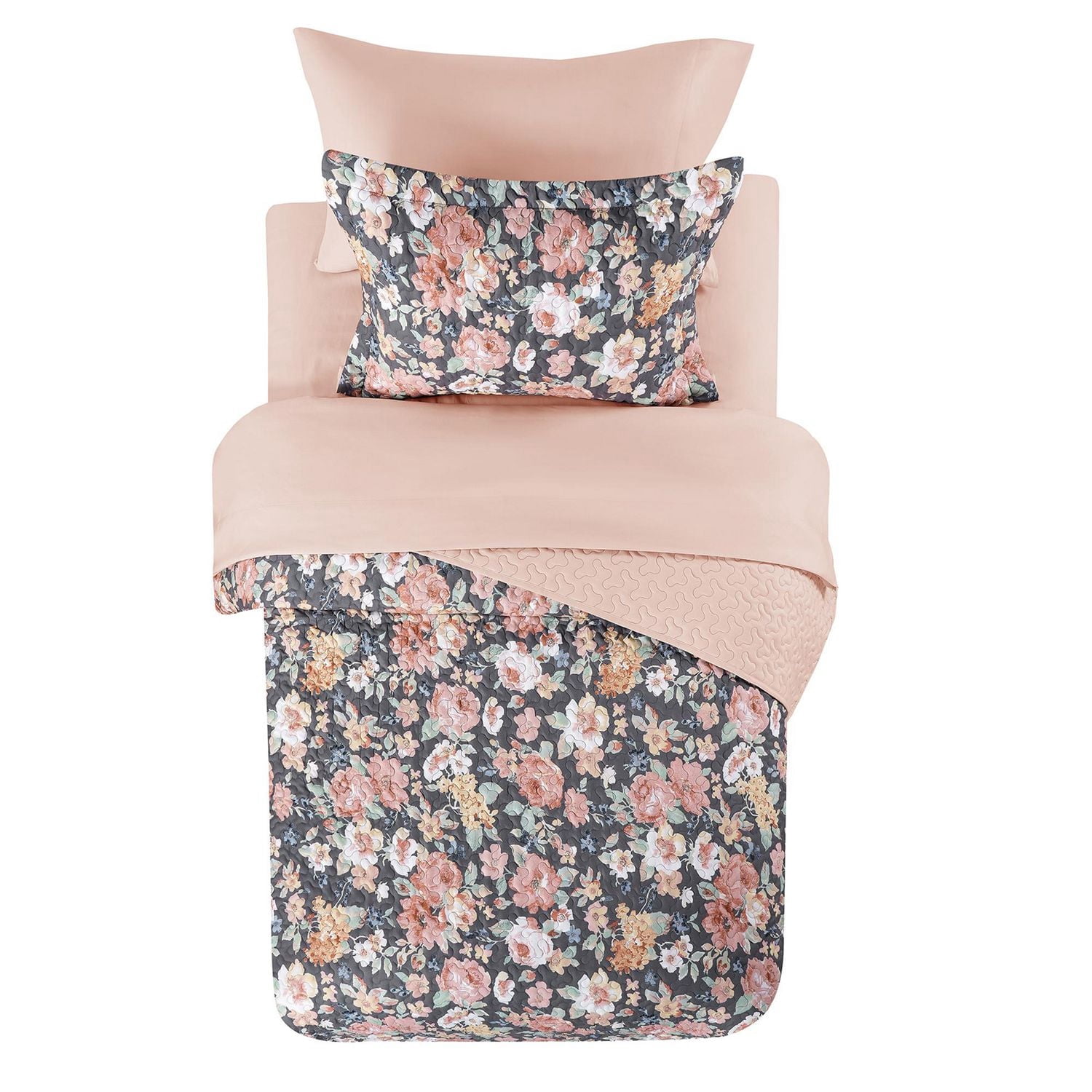 Mainstays Ensemble courtepointe et drap-housse légers tout-en-un - 7pièces, Grand Lit, Floral Gris