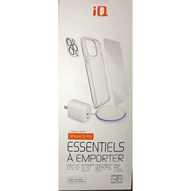 iQ Grab & Go Essential Kit for iPhone 15 Pro, featuring a premium accessory bundle including an iSHIELDZ glass screen protector, a clear slim protective case, a MagSafe-compatible wireless charging pad, and a 30W PD wall charger. The kit is tailored for iPhone 15 Pro compatibility, offering robust screen protection, sleek device aesthetics, and fast charging solutions. The packaging highlights the components with a clean design and product visuals.