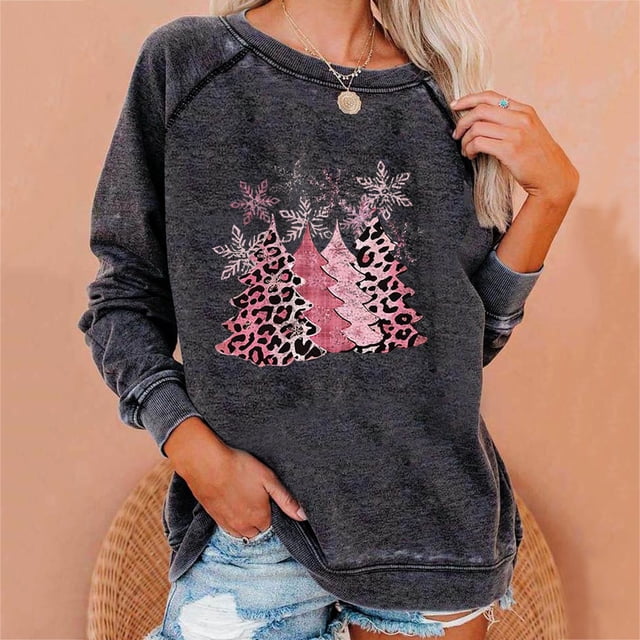 Meichang Christmas Shirts for Women Pink Leopard Xmas Tree Graphic T Shirts Raglan Long Sleeve Crew Neck Pullover Holiday Distressed Washed Sweatshirts