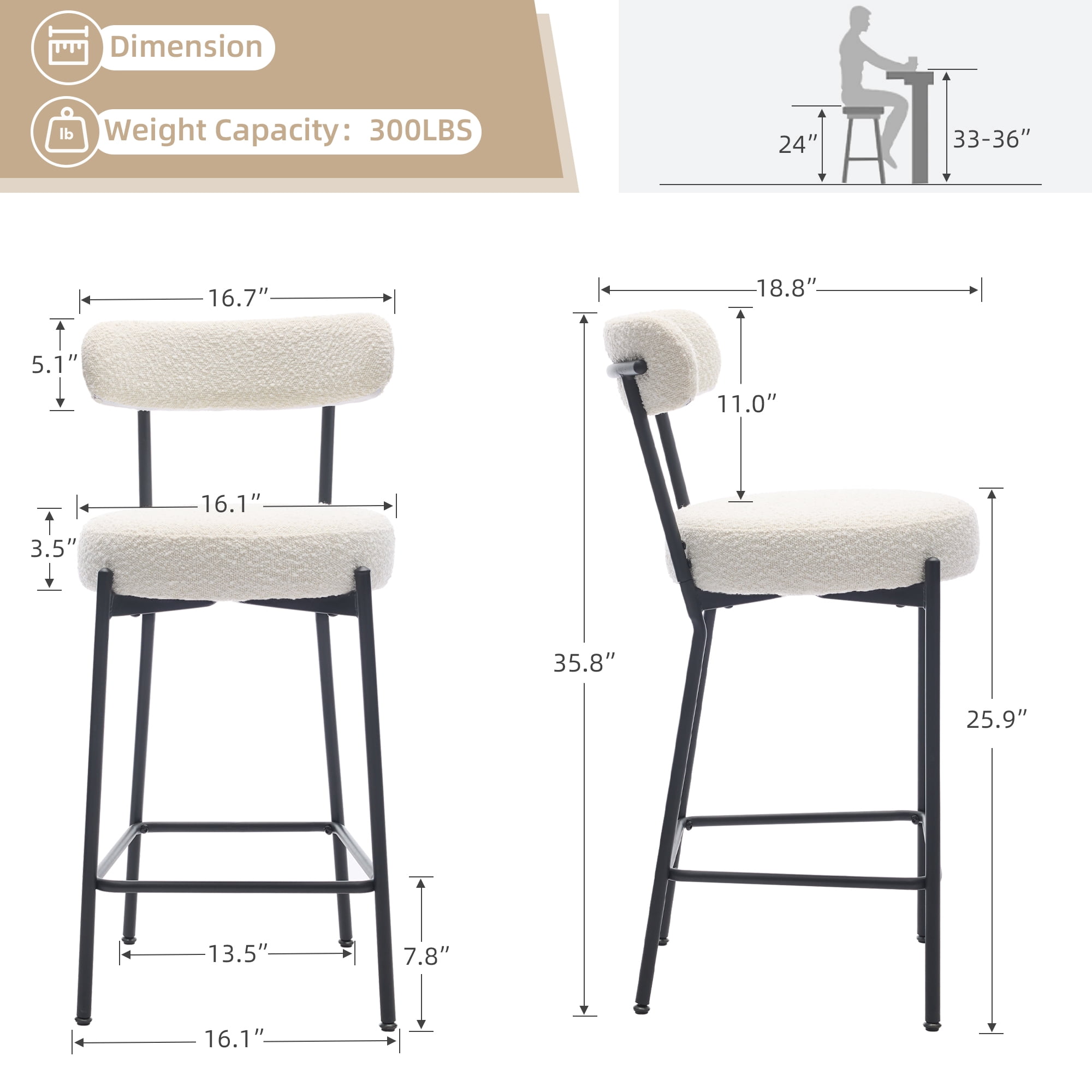 Set of 2 Modern Boucle Bar Stools – Upholstered Barstool Chairs with Backrest, 26-30” Counter Height, Cushioned Seat, Sturdy Metal Legs – Perfect for Kitchen Island, Dining, Home Bar