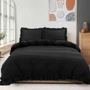 PiccoCasa 3 Pieces Soft Ruffled Brushed Duvet Cover Sets 110GSM Black King