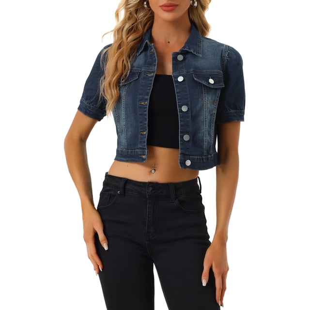 INSPIRE CHIC Vestes Décontractées pour Femmes Veste en Jean Denim Courte à Manches Bouffantes Boutonnée TG Bleu Foncé