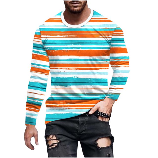 Penkiiy Men's Round Neck Striped Sweat Absorption Long Sleeve T-Shirt Tops XL Multicolor