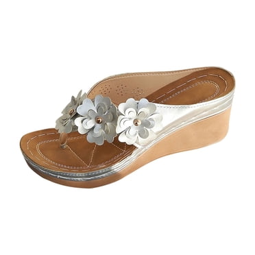LOVZFMLL Sandales Compensées pour Femmes Été Sandales de Plage à Plateforme Confortables Décontractées Chic à Fleurs Sandales de Plage Chaussures d'Extérieur pour Femmes Argent 7