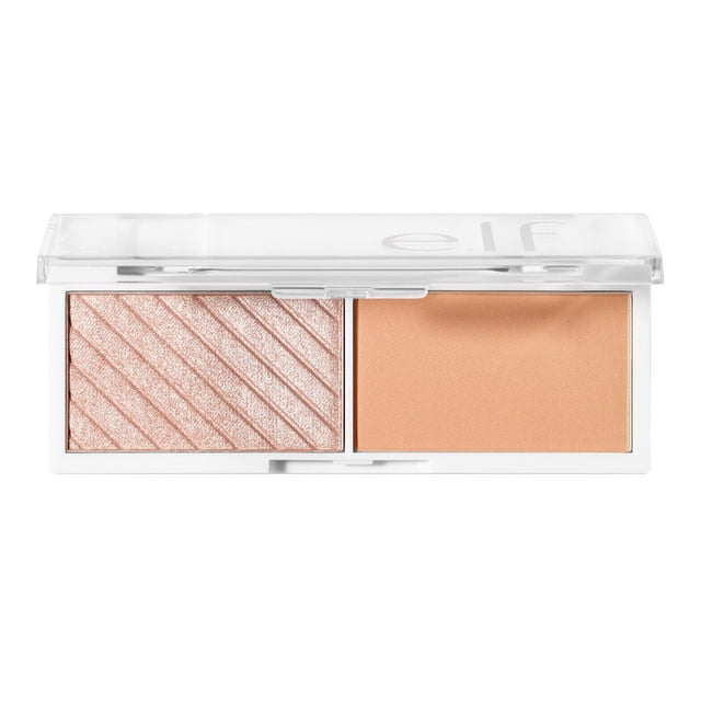 e.l.f. cosmetics Bite-Size Face Duo compact with clear lid displaying two pans: a shimmery light pink highlighter with diagonal embossing and a matte peach blush, featuring a blendable, highly pigmented formula ideal for on-the-go cheek colour suitable for all skin tones.