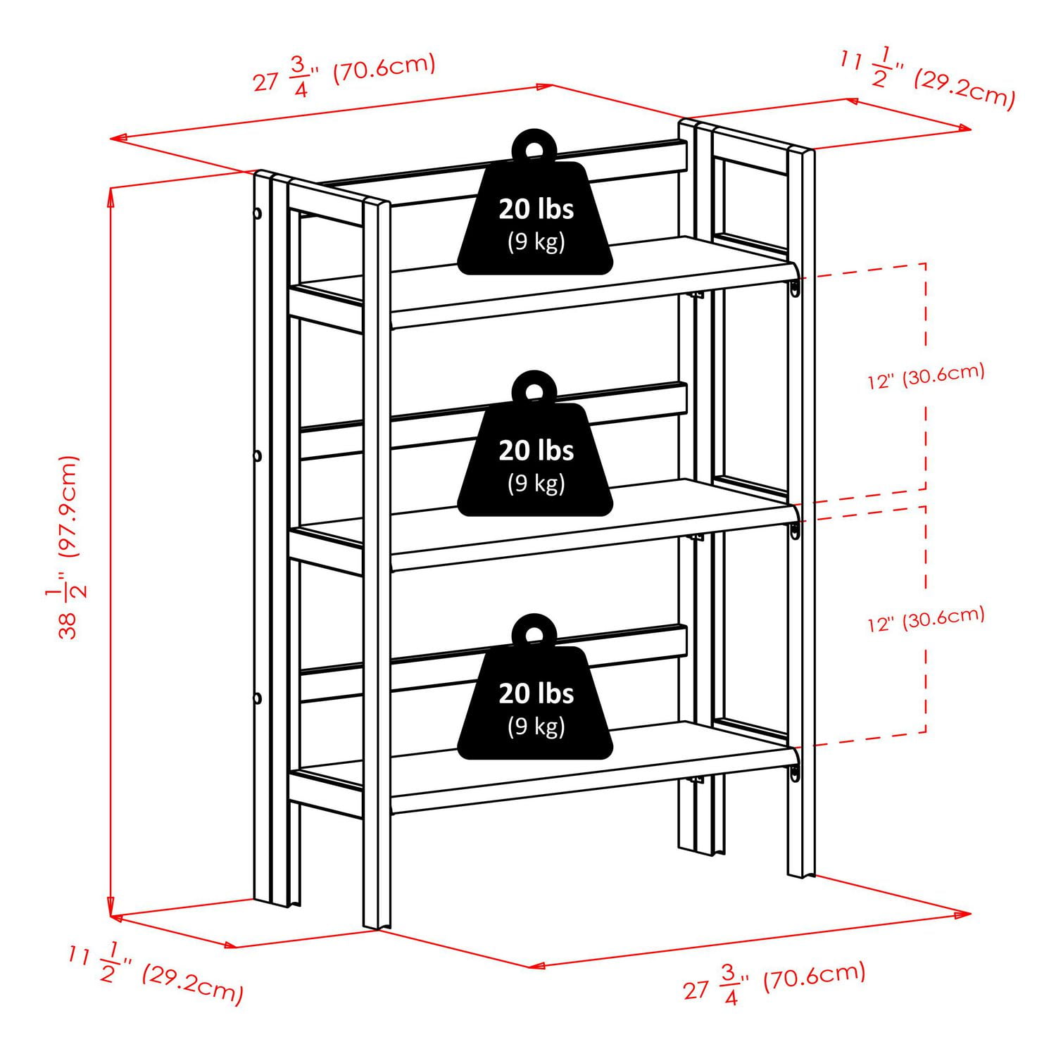 Torino 3-PC Set Folding Bookcase w/ Fabric Basket