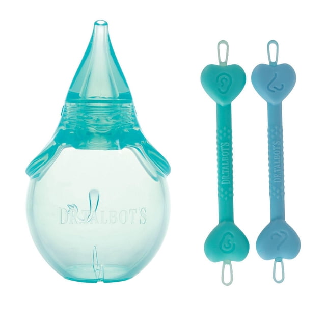 Dr. Talbot's Baby Nose & Ear Care Set features a translucent turquoise medical-grade silicone nasal aspirator with a soft pointed tip and embossed brand name, alongside two dual-ended nose and ear cleaners in teal and blue with heart-shaped handles embossed with ear and nose icons and the Dr. Talbot's name, designed for gentle, safe removal of mucus and earwax.