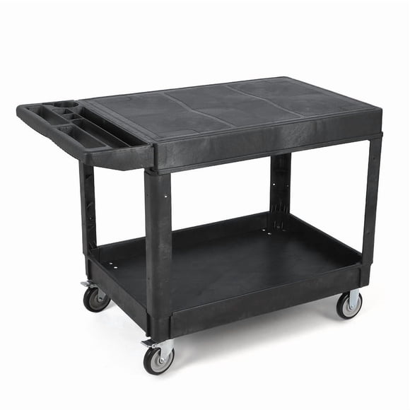 Large Heavy Duty Utility Service Cart, 2-Tier Plastic Rolling Cart with Flat Top Shelves, 550 lbs Capacity, 45.8" x 25" Work Cart with 360° Swivel Wheels & Brakes – Black