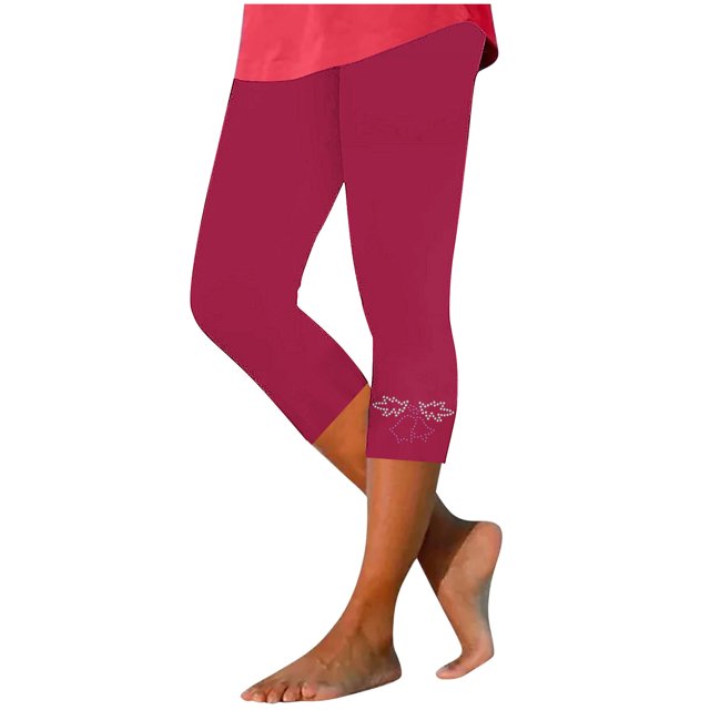 Olyvenn Womens Rhinestone Trim Capri Pants Stretchy Compression Leggings Print Pattern Yoga Pants Summer Vacation Outfits Red XXXL