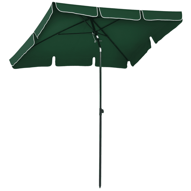 Outsunny 6.5x4ft Rectangle Patio Umbrella with aluminum tilt-adjustable pole and green polyester canopy. Features a flounce design for added style, push-button control for easy angle adjustment, and provides outdoor shade for patios, gardens, and balconies. Centred umbrella base not included.