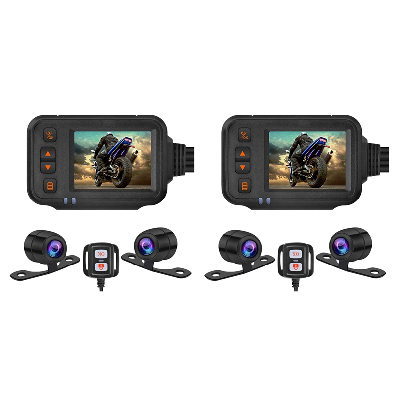 2X Camera Dash Cam, 2Inch IPS Screen 1080P+720P Dual AHD Bike Dashcam G-Sensor Parking Mode Driving Recorder Black