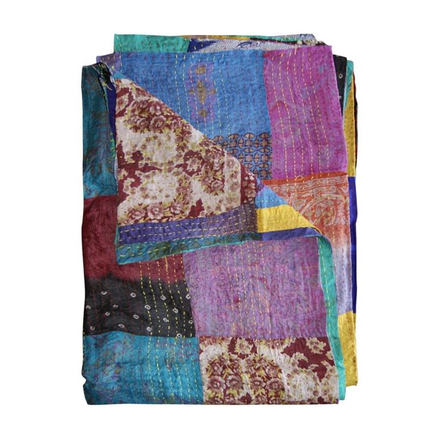KANTHA SILK THROW BLANKET 60"X90" folded with colorful quilted silk patchwork in blue, purple, yellow, teal, maroon, and floral patterns, handcrafted using traditional quilting, suitable as a throw blanket or decorative tapestry.