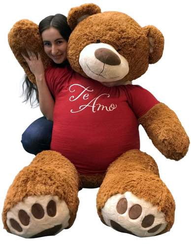 Big Plush 5 Foot Giant Teddy Bear 60 Inches Soft Cinnamon Brown Color Wears TE AMO T-shirt