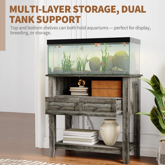 Support d'Aquarium pour Réservoirs de 20 à 29 Gallons avec Station de Recharge - Capacité de 660 Lb - Tiroir et Rangement Ouvert - Convient aux Réservoirs pour Reptiles Ou Tortues - Couleur : Gris