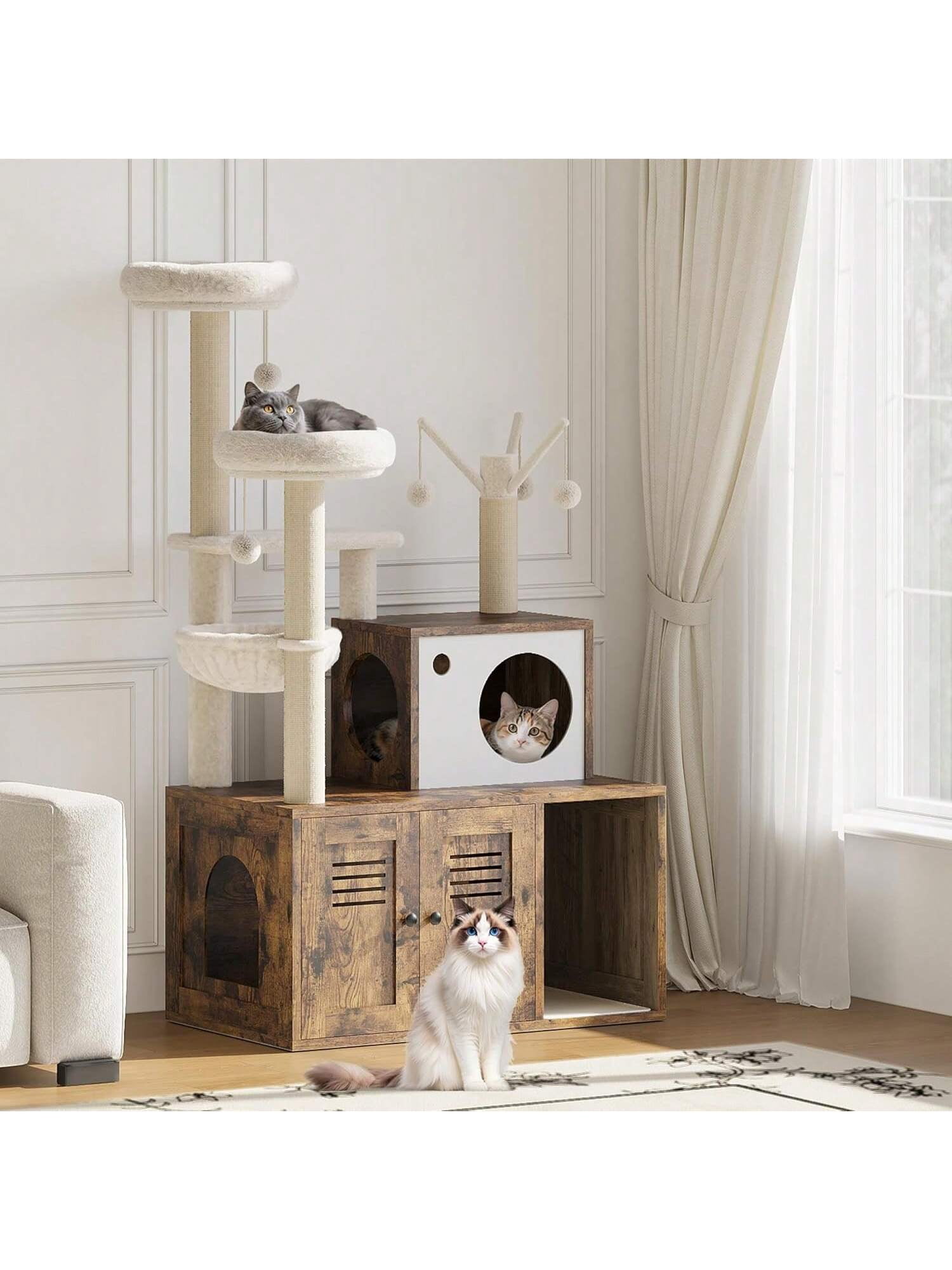 Ourlova Large Cat Tree With Litter Box Enclosure3 In 1 Cat Tower Hidden Pet Washroom Litter Box FurnitureWooden Multi Level Cat Condo Furniture With Sisal Scratching PostsSoft Plush Perch Hammock