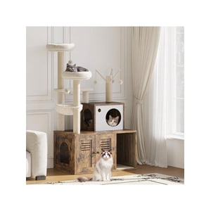 Ourlova Grand arbre de chat avec boîte à litière Enclosure3 Dans 1 La tour de chat caché salle de toilettes Boîte à litière FurnitureWooden Meubles en Condo Cat multi-niveaux avec scratching sisal PostsSoft Hammac en peluche Perch
