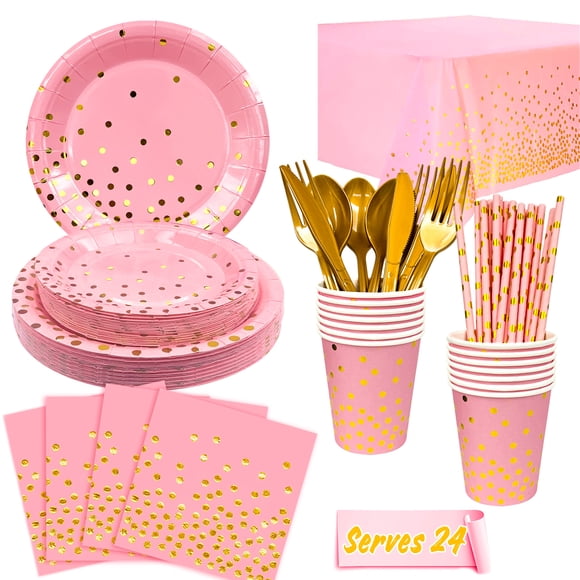 Articles de Fête Rose et Or, 193 Pcs Vaisselle de Fête Rose et Or Rose - Assiettes Gobelets Serviettes Nappe Etc. Anniversaire Mariages Anniversaire Fête