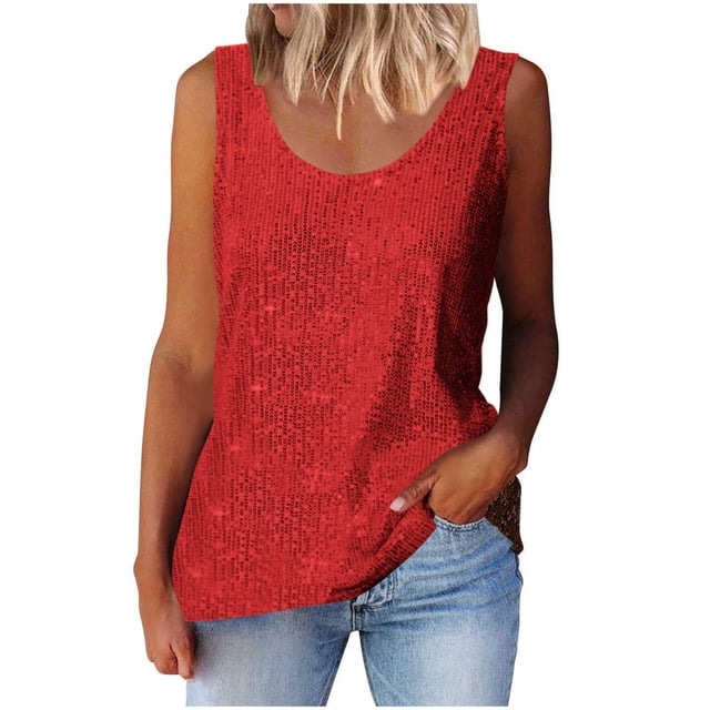 Plebaso Débardeurs à Paillettes à Col Ras du Cou pour Femmes, Hauts Sans Manches Scintillants, Débardeurs de Mode pour Fêtes, Tenue de Boîte de Nuit