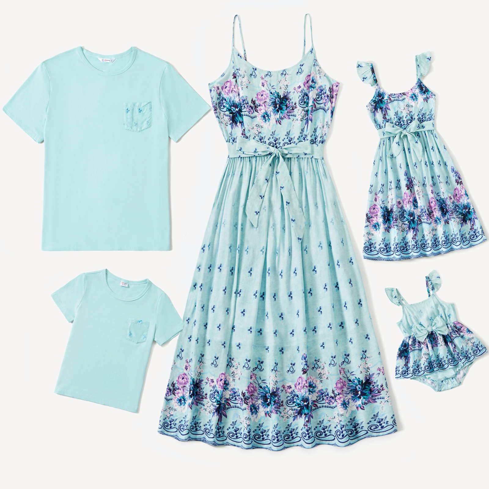PatPat Family Matching Light Blue Tee and Flowy Floral Shirred Back Belted Strap Dress