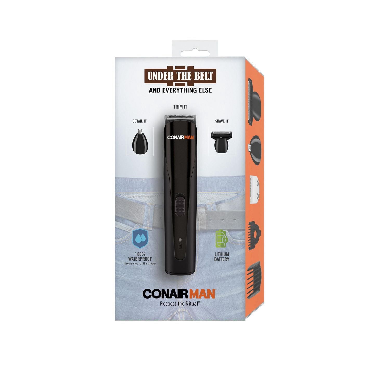 Conair Man Under the Belt Groin & Body Groomer, Waterproof Lithium‑Ion Trimmer & Shaver with Facial & Nose/Ear Attachments