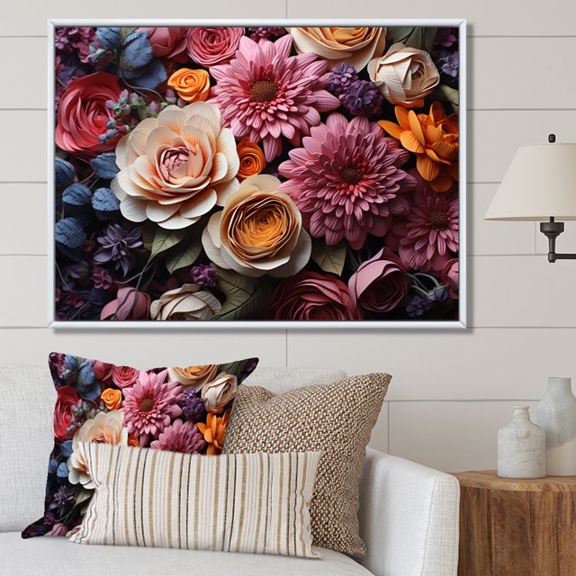 Designart Roses art Mural Encadré Décor, Roses art Mural Encadré, Rhapsodie des Roses, Rose Moderne art Mural Encadré Blanc, Cadre Couleur Blanc 32x16 Pouces