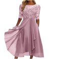 thumbnail image 2 of Xuniizn Robes pour Femmes Grande Taille Décontractées à Col Rond à Manches Mi-Longues Robe Midi Mode Fluide en Dentelle Chiffon Patchwork Robe d'Été, P-3TG, 2 of 3