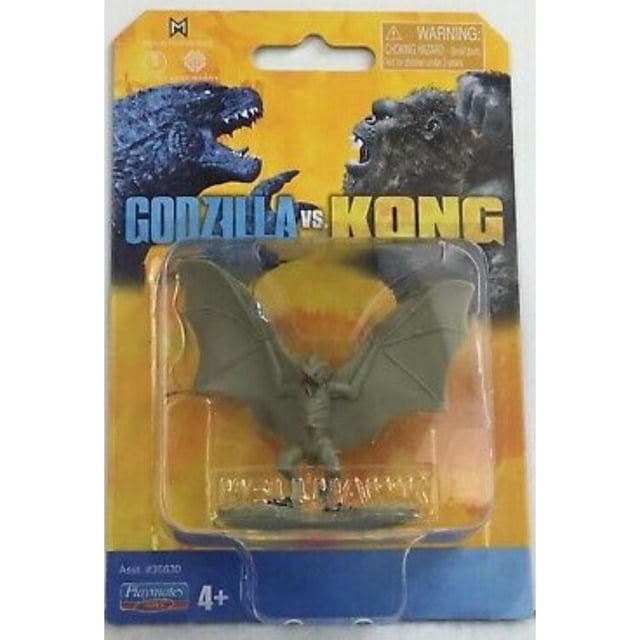 Godzilla Vs Kong Mini Monster Figure - Hellhawk, a 5 cm tall plastic action figure with bat-like wings spread wide, displayed in blister packaging with Godzilla and Kong artwork on a yellow and blue card, ideal for collectors and imaginative play.