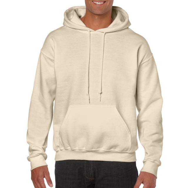 Gildan Mens Heavy Blend Hooded Sweatshirt in size S, shown in a sand colour. This pullover hoodie features a front kangaroo pocket, adjustable drawstring hood, and ribbed cuffs and hem. Made from a cotton blend for comfort and durability. Suitable for casual wear and layering.