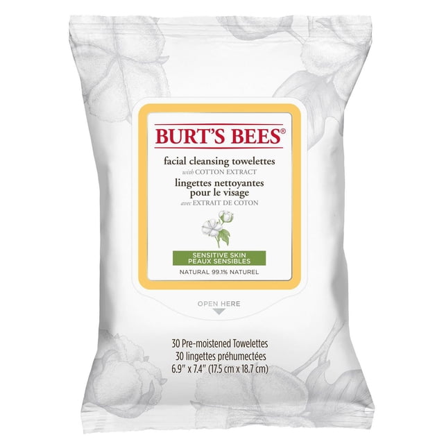 Burt’s Bees Sensitive Facial Cleansing Towelettes pack with 30 pre-moistened wipes measuring 6.9 by 7.4 inches (17.5 by 18.7 cm), featuring cotton extract for sensitive skin, 99.1% natural ingredients, in white packaging with floral accents and bilingual labeling.
