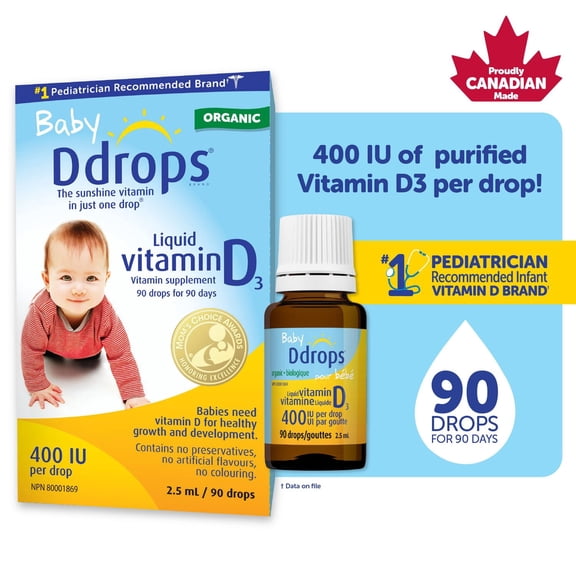 Ddrops pour bébé Gouttes de Vitamine D3 Biologique, Soutien la Croissance et du Système Immunitaire du Bébé, 400 UI, 90 Gouttes