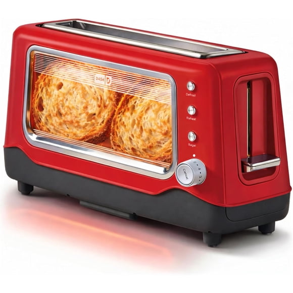 10" Long Slot 2 Slice Toaster with See-Through Glass Window, 7 Browning Levels, Bagel, Defrost & Reheat Functions, Removable Glass Panel, Crumb Tray, Black