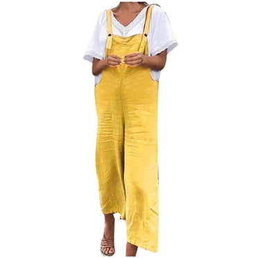 Women's Jumpsuit Cotton Linen Summer Casual Solid Color Sleeveless Rompers Ladies Loose Straight Suspender Belt Pants