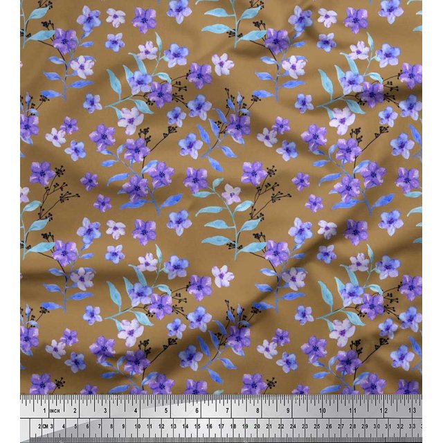 Soimoi Tissu en Poly Georgette Feuilles & Pervenche Imprimé Floral au Mètre 52 Pouces de Large