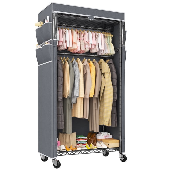 Exenoray Portant à Vêtements Couvert avec Roulettes, Garde-Robe Portative avec 2 Tringles et 2 Tablettes Grillagées, Organisateur de Portant Roulant pour Chambre