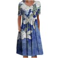 thumbnail image 1 of QJUHUNG Midi pour Femmes Été Décontracté Ample Bohème à Imprimé Floral Col Ras du Cou Manches Courtes Longueur Genou Robe Froncée avec Poches, 1 of 5