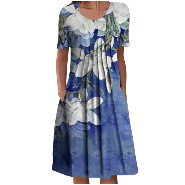QJUHUNG Midi pour Femmes Été Décontracté Ample Bohème à Imprimé Floral Col Ras du Cou Manches Courtes Longueur Genou Robe Froncée avec Poches
