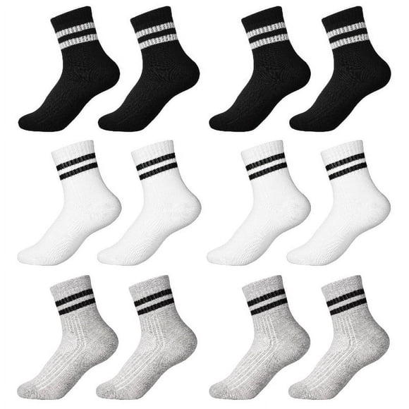 DEBGFS 6 Pairs Kids Cotton Socks Boy Crew Socks Kids Sports Cushioned Crew Socks Casual Stripes Socks Mid Cut Ankle Socks for Boys Girls 3-12 Year Old(L),XL
