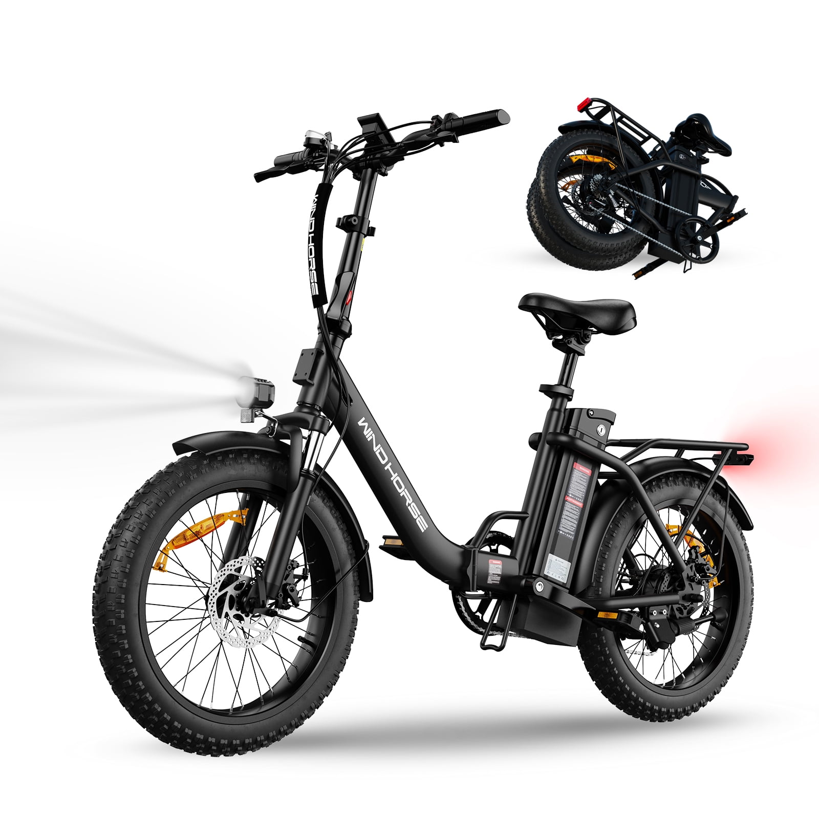 WINDHORSE 20" Fat Tire Electric Bike for Adults, 983W Peak Motor 20 mph, 40-70miles 748.8Wh Removable Battery Foldable E-Bike with Rear Rack for Commuting, Black