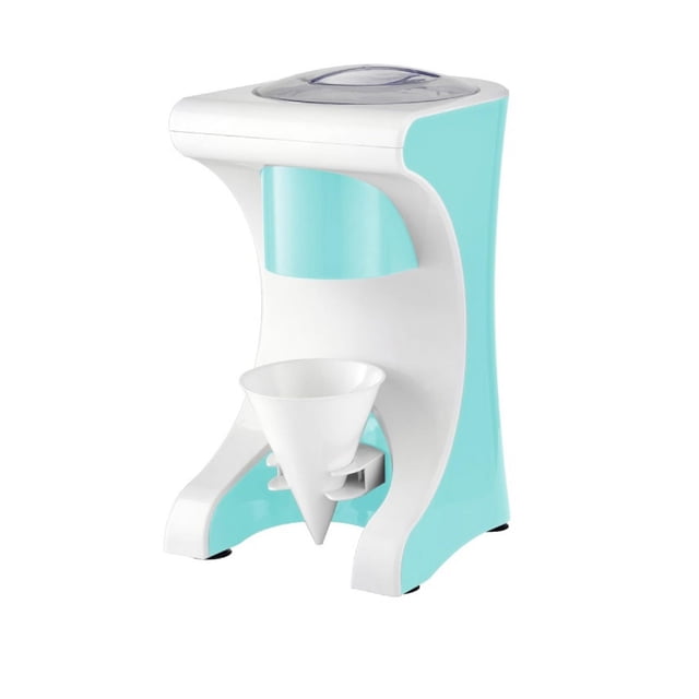Brentwood Snow Cone Maker and Shaved Ice Machine in blue and white with a compact upright design, featuring a top-loading lid, stainless steel blades for crushing standard ice cubes, and a white reusable cone holder for serving snow cones or shaved ice treats, suitable for home dessert making.