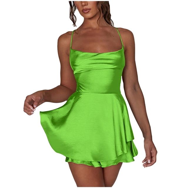 AherBiu Satin Dress for Women Sleeveless Crossover Strap Hollow Back Ruffle Layered Party Mini Dress