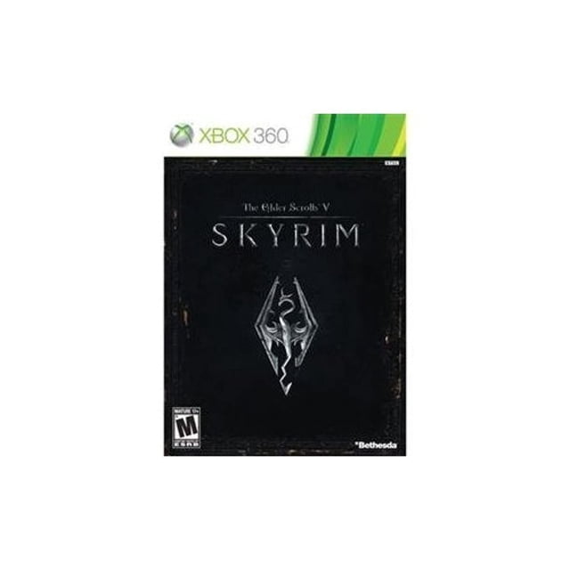 The Elder Scrolls V: Skyrim for Xbox 360, refurbished version by Bethesda Softworks. Includes the game disc and case with artwork. The cover features the iconic Skyrim logo on a black background with the Xbox 360 branding at the top.