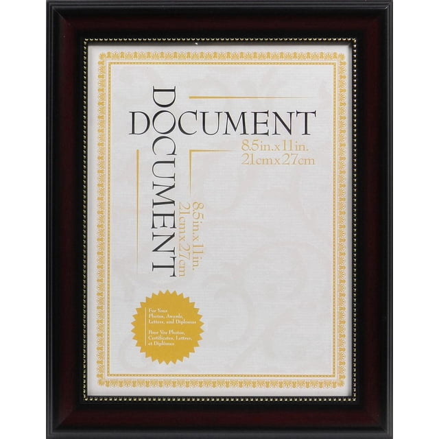 Hometrends Harrison Certificate Frame 8.5x11in Cherry, wall document frame with rich cherry finish and gold beaded accents, holds an 8.5 by 11 inch certificate or diploma, made of lightweight plastic with hanging hardware for vertical or horizontal display, suitable for home or office décor and often used to showcase awards or letters.